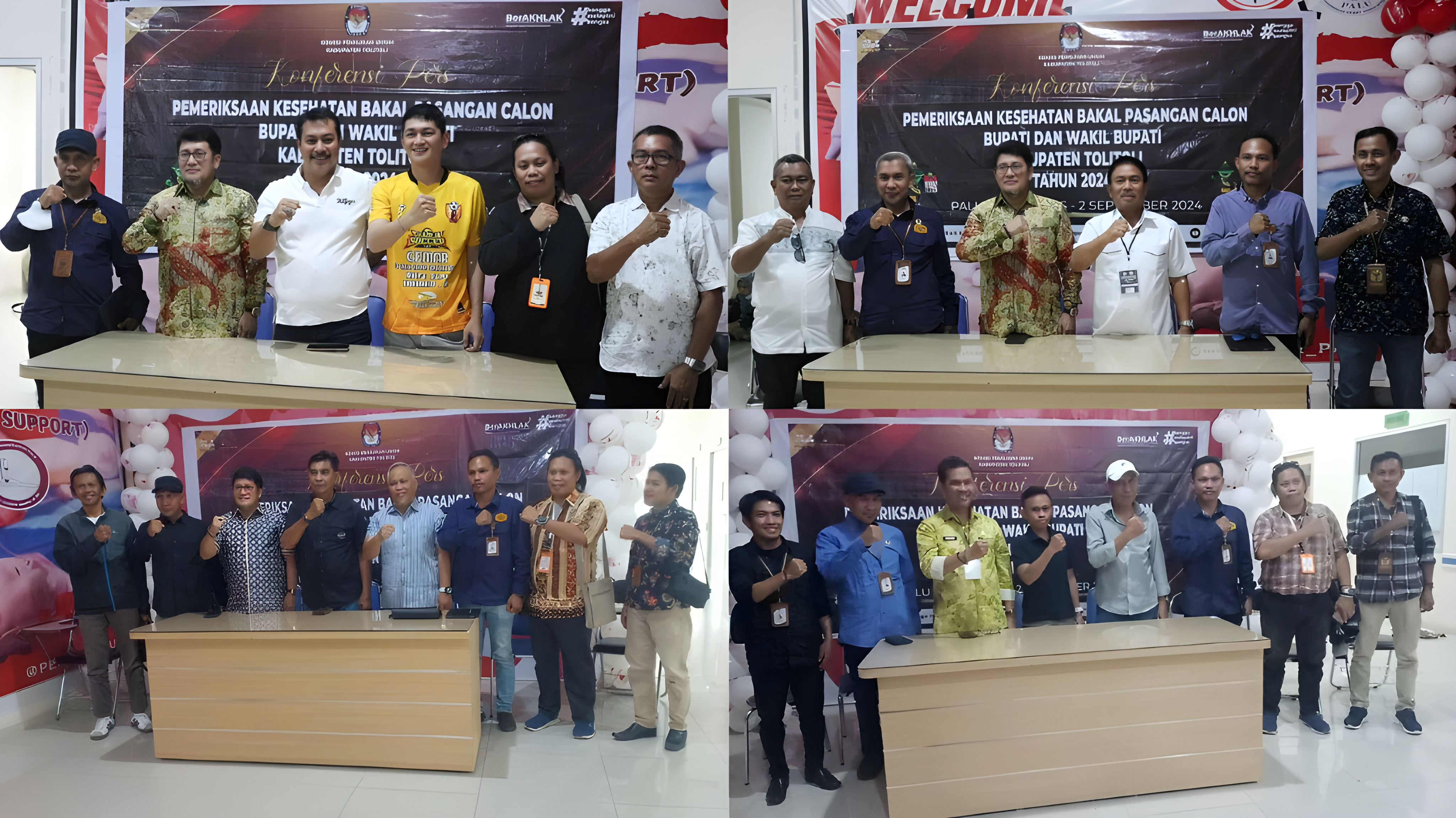 Empat Bapaslon Bupati dan Wakil Bupati Tolitoli saat selesai menjalani pemeriksaan kesehatan dan kemudian melanjutkan dengan konferensi pers yang didampingi oleh Direktur Rumah Sakit Umum (RSU) Undata Palu, dan KPU Tolitoli, dan Bawaslu Tolitoli.