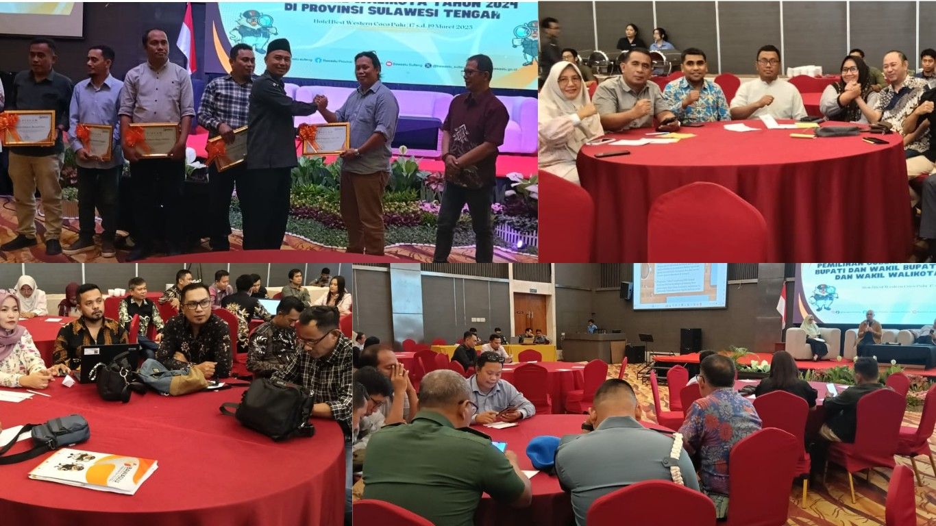 Suasana Evaluasi Akhir Pengawasan Pilkada 2024 di Palu, dengan jajaran Bawaslu se-Sulawesi Tengah. Bawaslu Tolitoli menerima Piagam Penghargaan atas pengawasan Pilkada 2024.