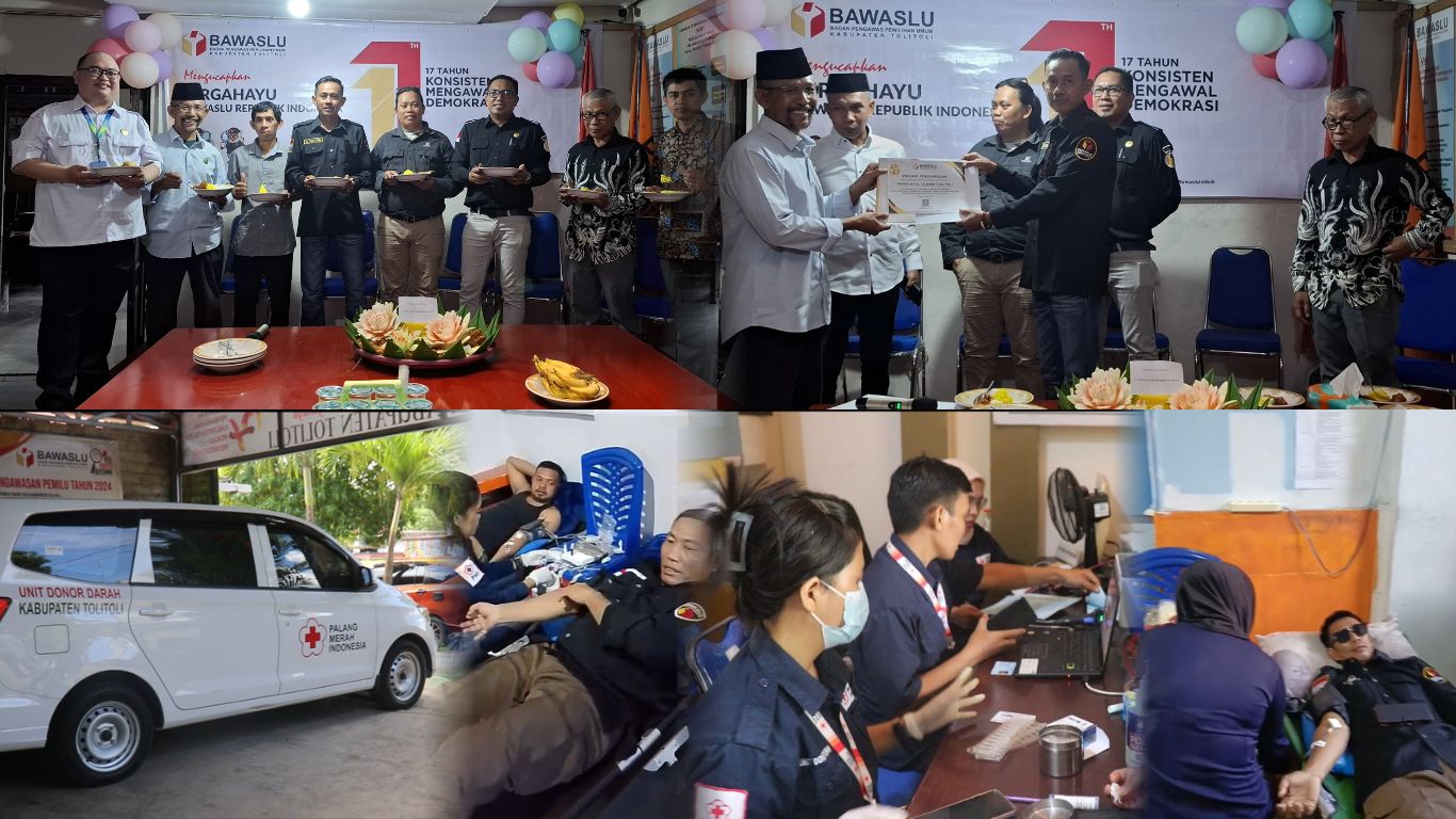 Memperingati HUT ke-17 Bawaslu RI, Bawaslu Tolitoli menggelar Tasyakuran dan donor darah, Selasa (15/4/2025). Kegiatan ini dihadiri jajaran internal dan mitra eksternal yang menerima sertifikat penghargaan atas dukungannya dalam Pemilu dan Pilkada 2024. Rangkaian acara meliputi potong tumpeng, testimoni, dan donor darah bekerja sama dengan PMI.
