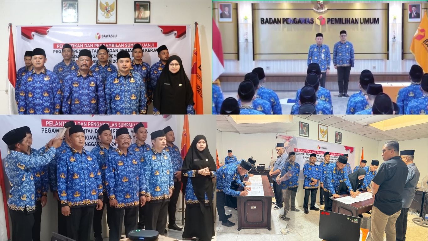 Sebanyak sembilan Pegawai Pemerintah dengan Perjanjian Kerja (PPPK) Tahun Anggaran 2024 Tahap I Bawaslu Kabupaten Tolitoli mengikuti pelantikan dan pengambilan sumpah/janji secara daring melalui Zoom Meeting. Mereka mengenakan pakaian dinas KORPRI dan berada di ruang Sekretariat Bawaslu Tolitoli.